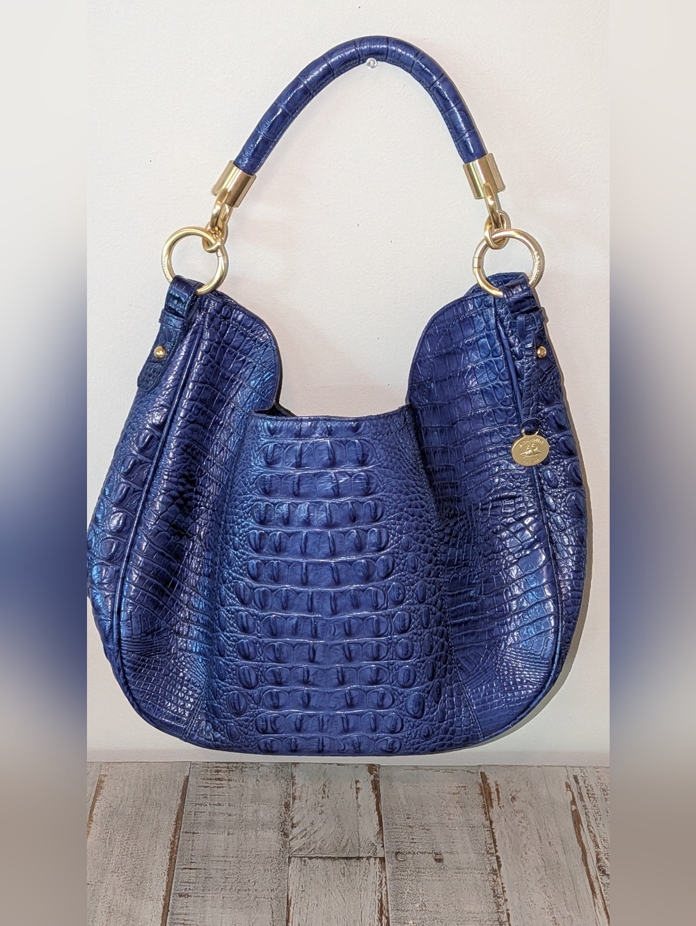 Brahmin Navy Blue Croc-Embossed Shoulder Bag with Gold Hardware - Picture 2 of 9
